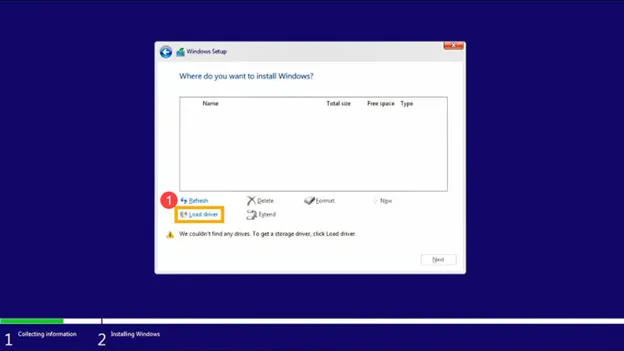 Chọn Load Driver khi Windows không tìm thấy phân vùng ổ cứng
