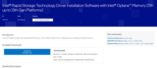 Tải driver Intel Rapid Storage Technology để khắc phục lỗi không hiện ổ cứng khi cài win