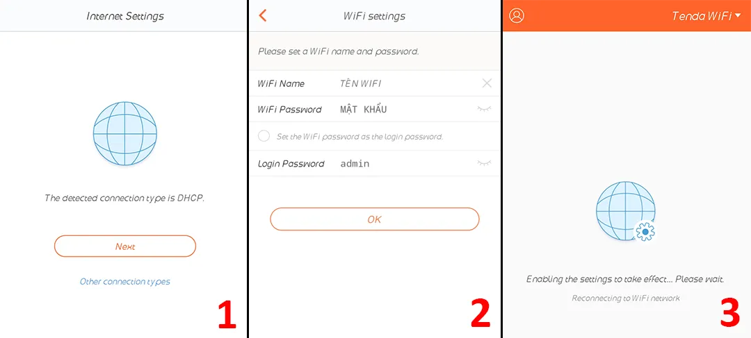 Giao diện thiết lập tên và mật khẩu trên ứng dụng