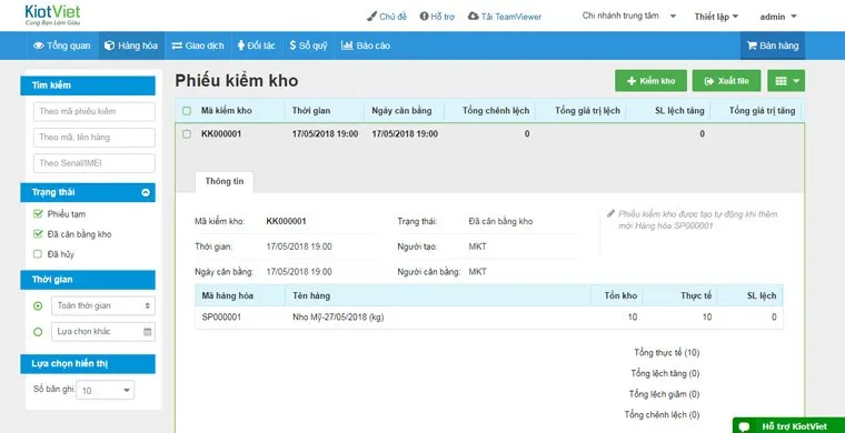 Giao diện quản lý KiotViet