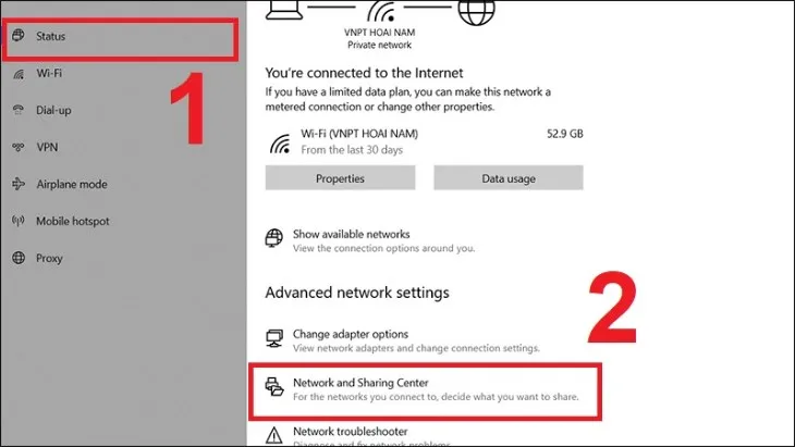 Truy cập Network and Sharing Center từ Settings
