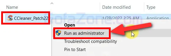 Chạy công cụ patch với quyền quản trị viên