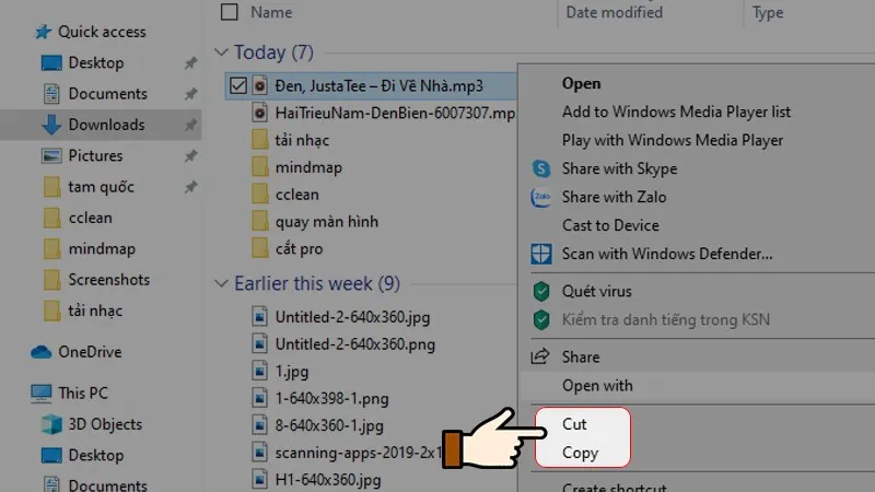 Nháº¥n chá» n chuá»™t pháº£i vào file nháº¡c > Chá» n Sao chép/ Cáº¯t
