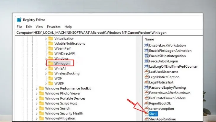 Tìm đến mục Shell trong Winlogon