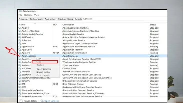 Chọn Stop tại dịch vụ AppReadiness