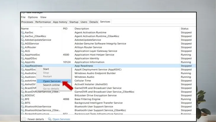 Chọn mở danh sách Services mở rộng