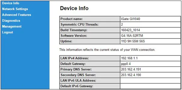 Trang Device Info của modem VNPT