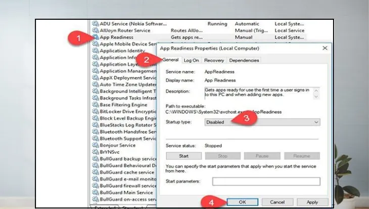 Đặt Startup type thành Disable cho AppReadiness