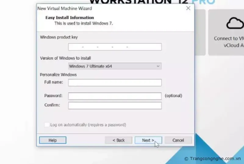 Điền thông tin tài khoản người dùng máy ảo.