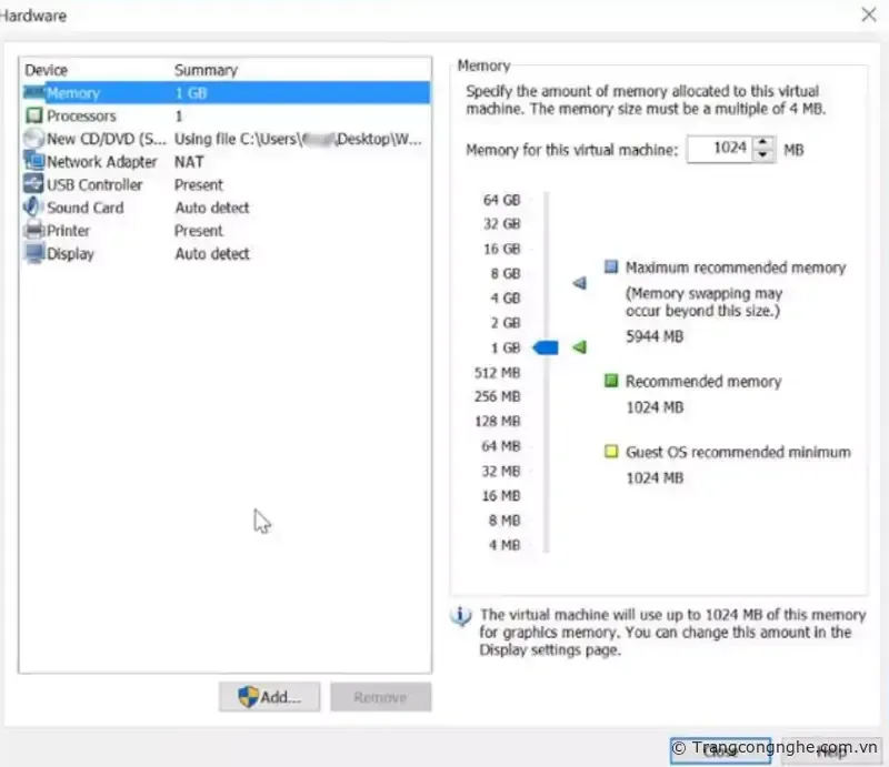 Thay đổi dung lượng RAM dành cho máy ảo.