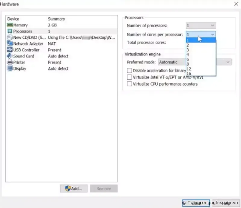 Cấu hình số nhân CPU cho máy ảo.