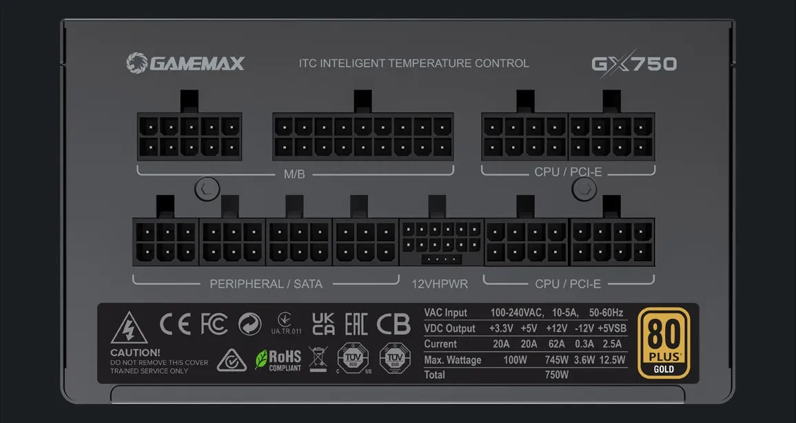 Nhãn nguồn máy tính hiển thị công suất tối đa và các thông số kỹ thuật quan trọng