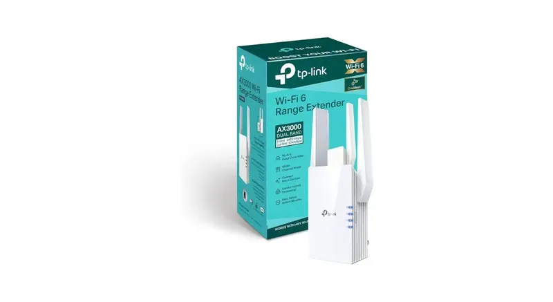 TP-Link RE705X với thiết kế 4 ăng-ten ngoài, hỗ trợ chuẩn WiFi 6 AX3000 cho tốc độ tối đa 3000Mbps