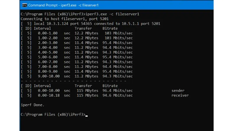 Kết quả đo kiểm tốc độ thực tế bằng công cụ iPerf3