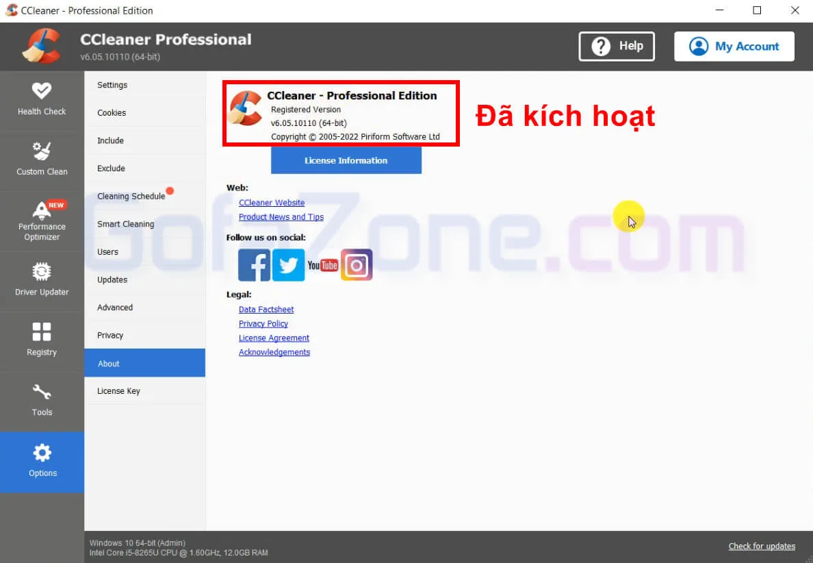 Giao diện CCleaner Professional v6 sau khi kích hoạt