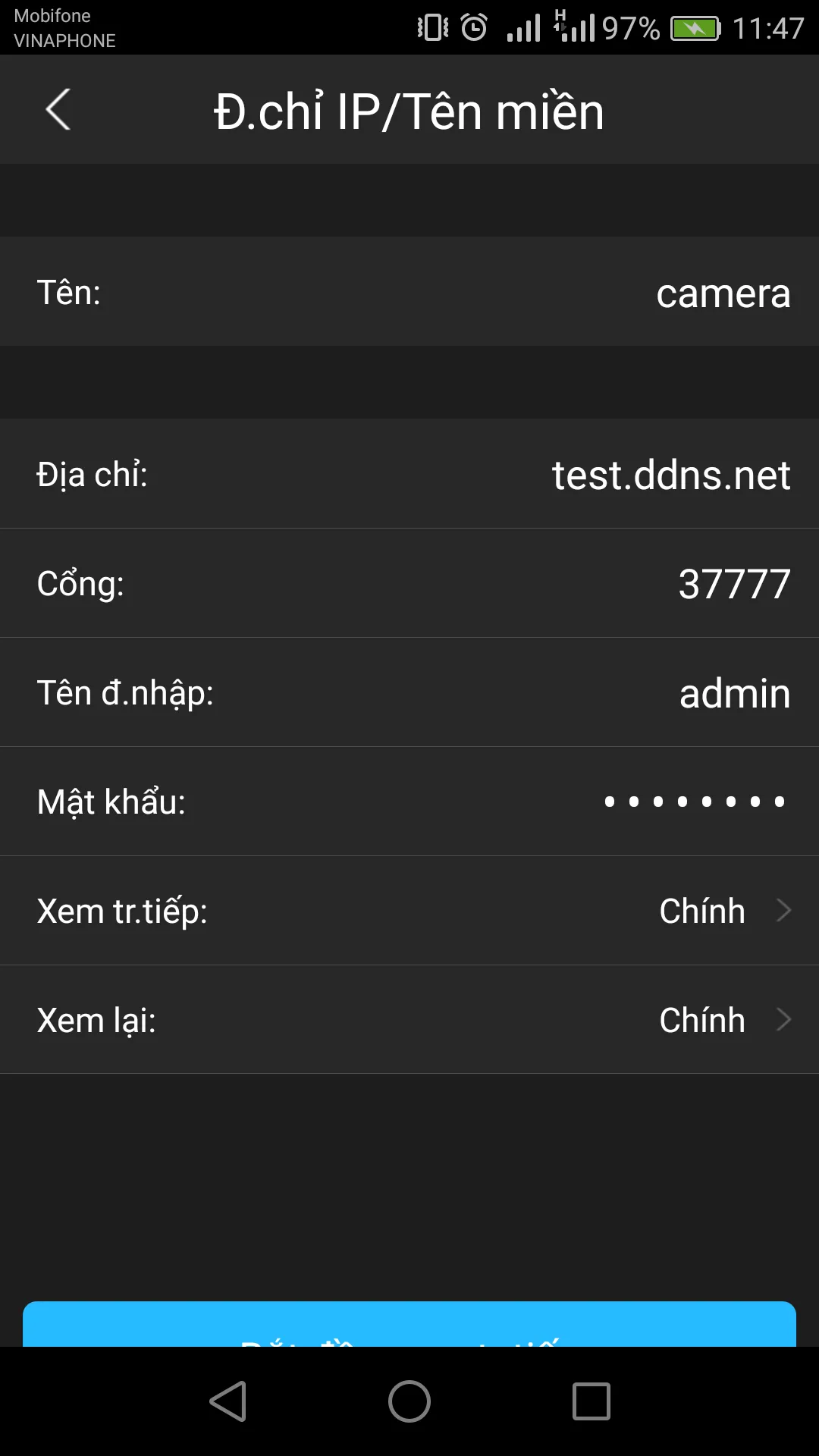 Bảng nhập thông số chi tiết cho hệ thống camera
