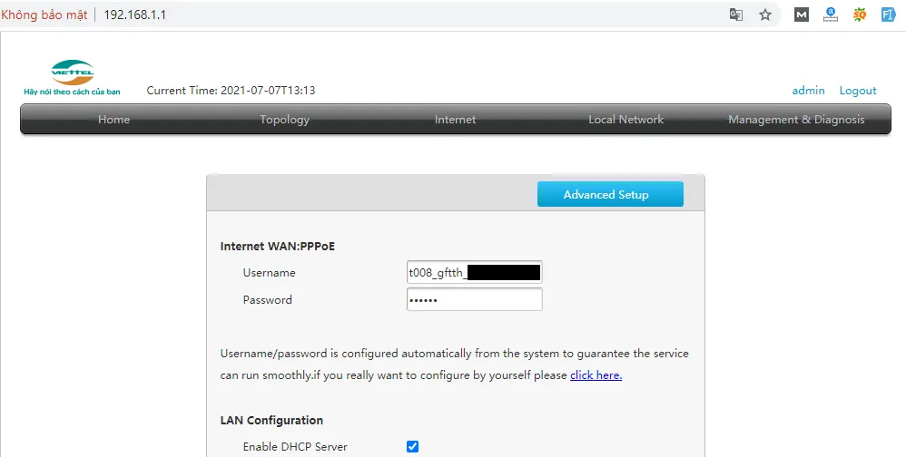 Bảng điều khiển tổng quát của modem ZTE sau khi đăng nhập thành công