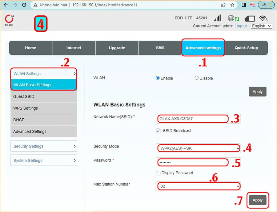 Giao diện cài đặt WiFi với các tùy chọn tên mạng, mật khẩu và giới hạn thiết bị