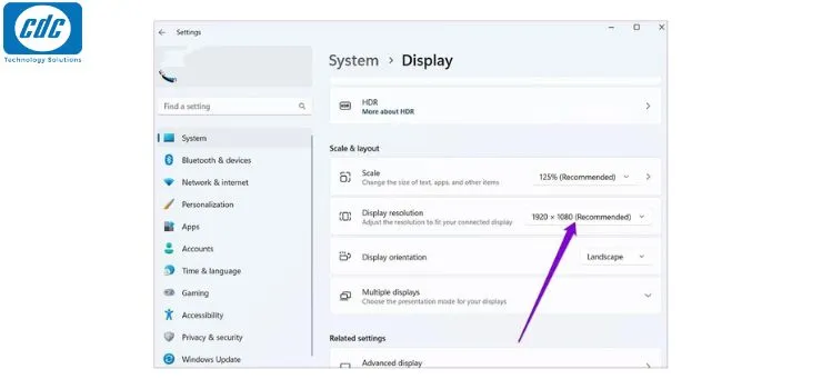 Chọn độ phân giải Recommended để xử lý chữ máy tính bị nhòe