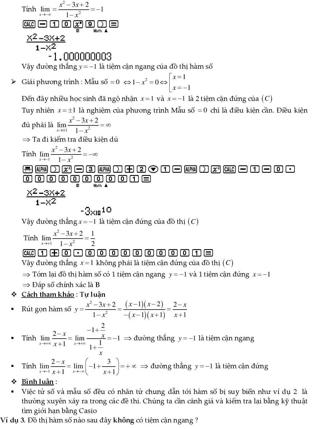 Sử dụng phím lệnh CALC để gán giá trị sát điểm nghi vấn trong cách tính tiệm cận đứng bằng máy tính
