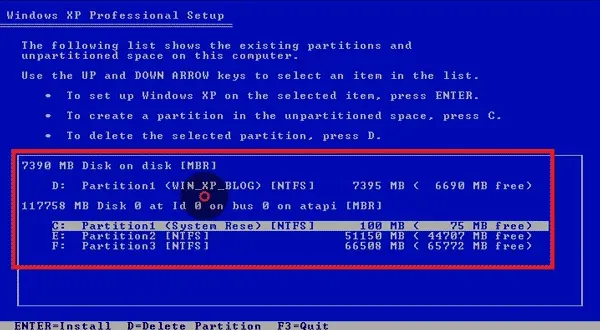 Danh sách các phân vùng ổ cứng hiện có