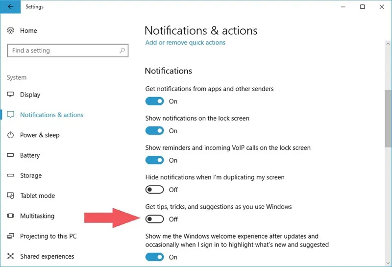 Tắt thông báo mẹo và gợi ý sử dụng trong phần Notifications & Actions