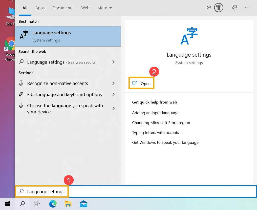 Mở Language settings trên giao diện Windows 10