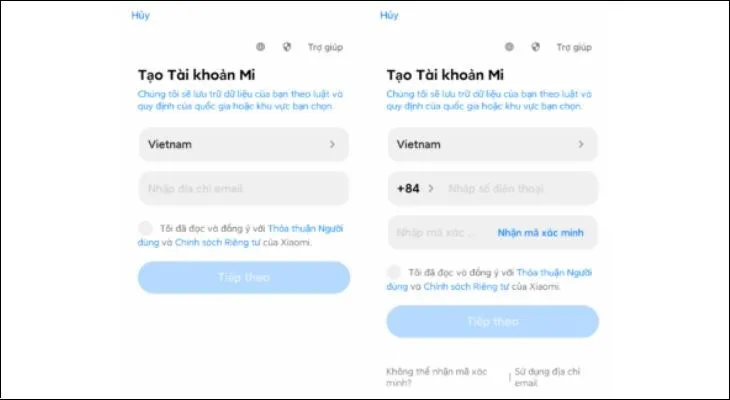 Lựa chọn quốc gia và nhập thông tin tài khoản để kích hoạt ứng dụng Mi Home