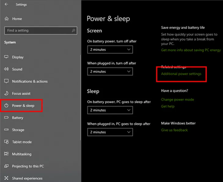 Truy cập cài đặt nguồn trong System settings