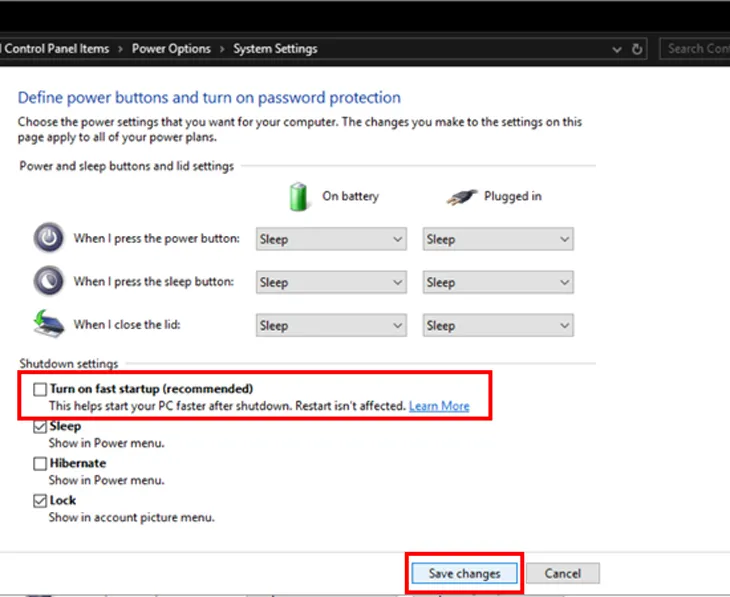 Bỏ tick Turn on fast startup trong Power Options
