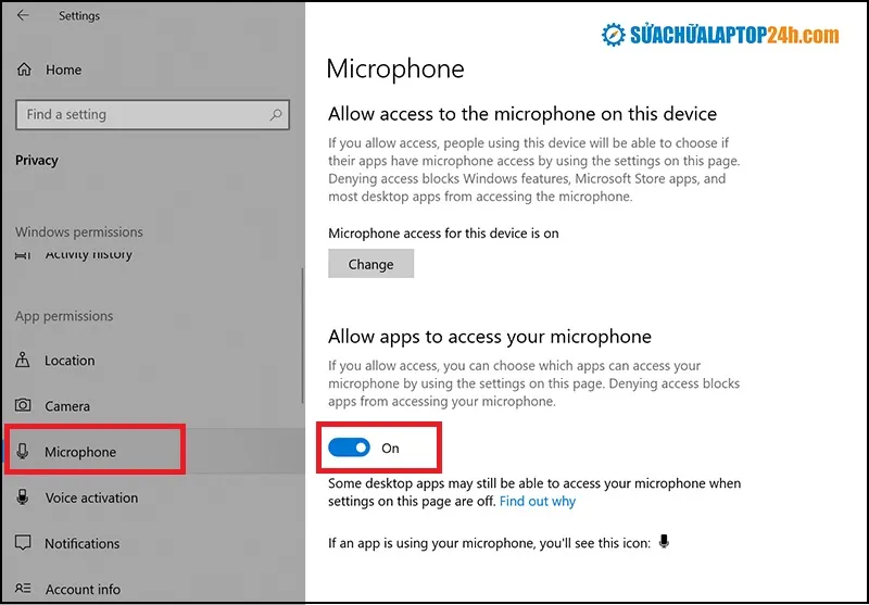 Cài đặt quyền truy cập microphone trong Windows Settings