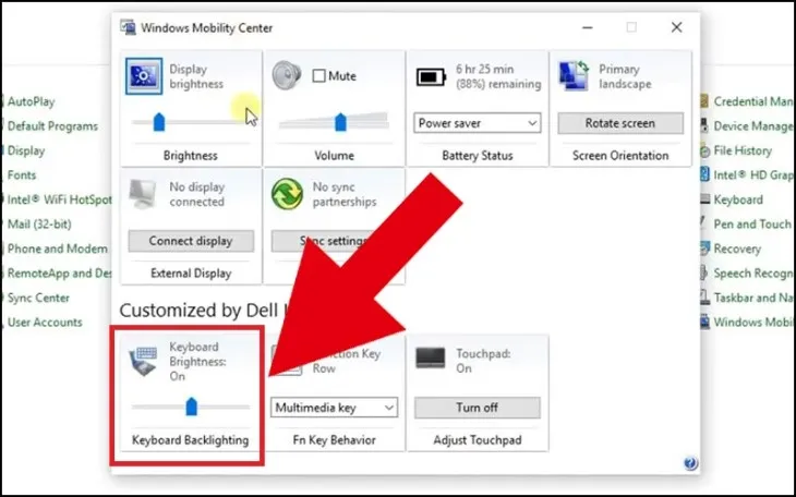 Điều chỉnh đèn bàn phím qua Windows Mobility Center