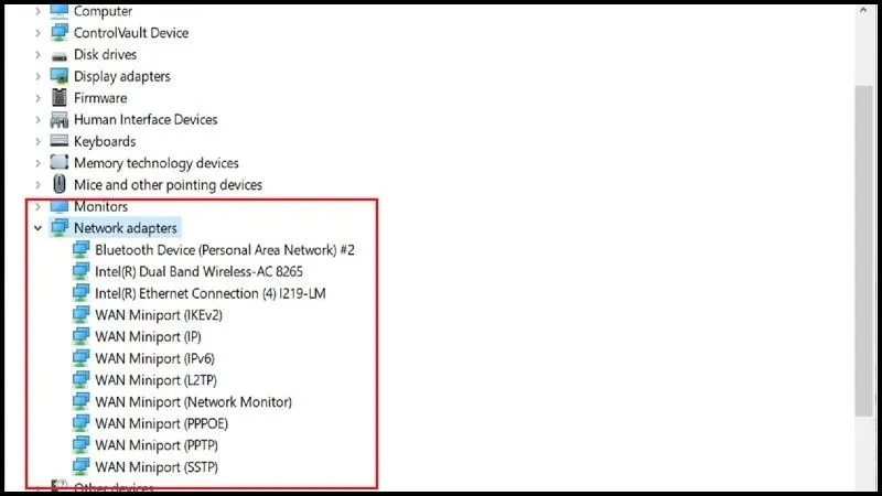 Device Manager hiển thị card mạng hoạt động bình thường