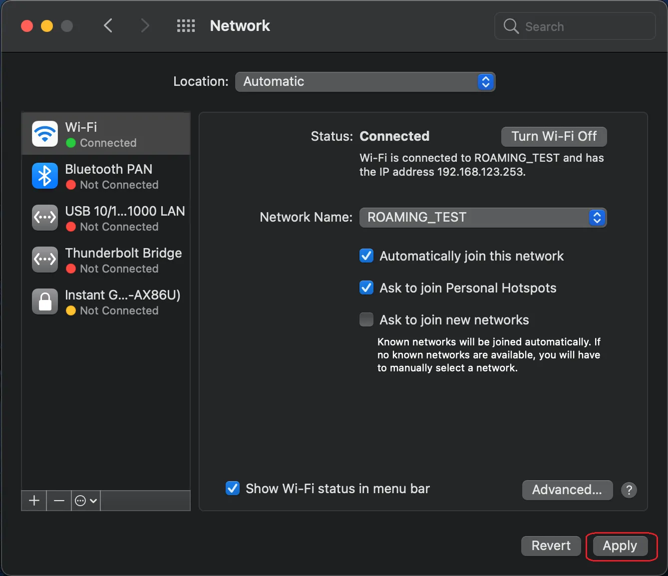 Nhấn Apply để xác nhận thay đổi thiết lập mạng trên máy tính Mac
