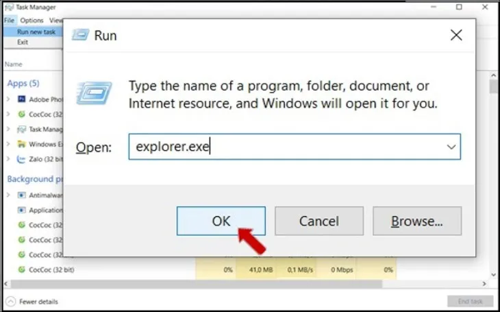 Chạy lệnh explorer.exe để khôi phục màn hình