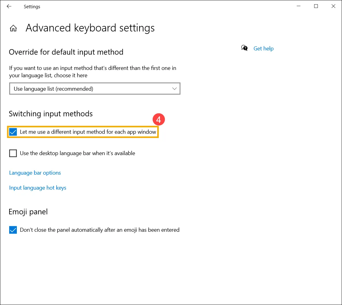 Bật tính năng dùng bộ gõ khác nhau cho mỗi ứng dụng