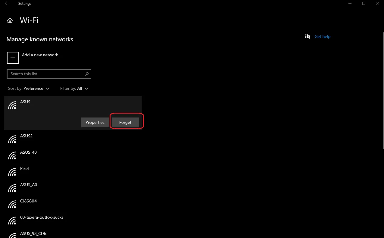 Nhấn nút Forget để xóa mạng wifi đã lưu trên máy tính Windows nhanh chóng