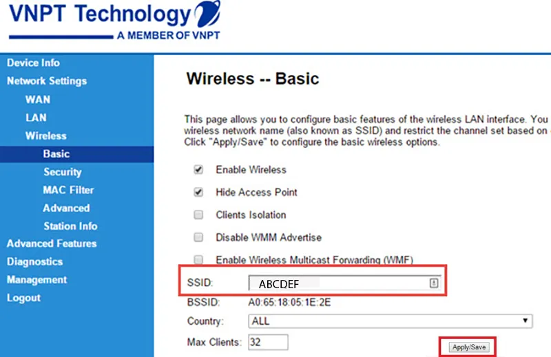 Thao tác nhập tên WiFi mới vào ô SSID trên giao diện web