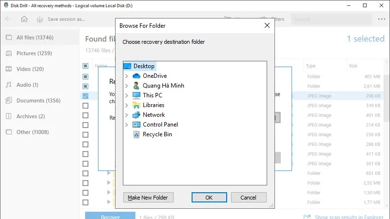 Chọn thư mục đích để lưu file khôi phục