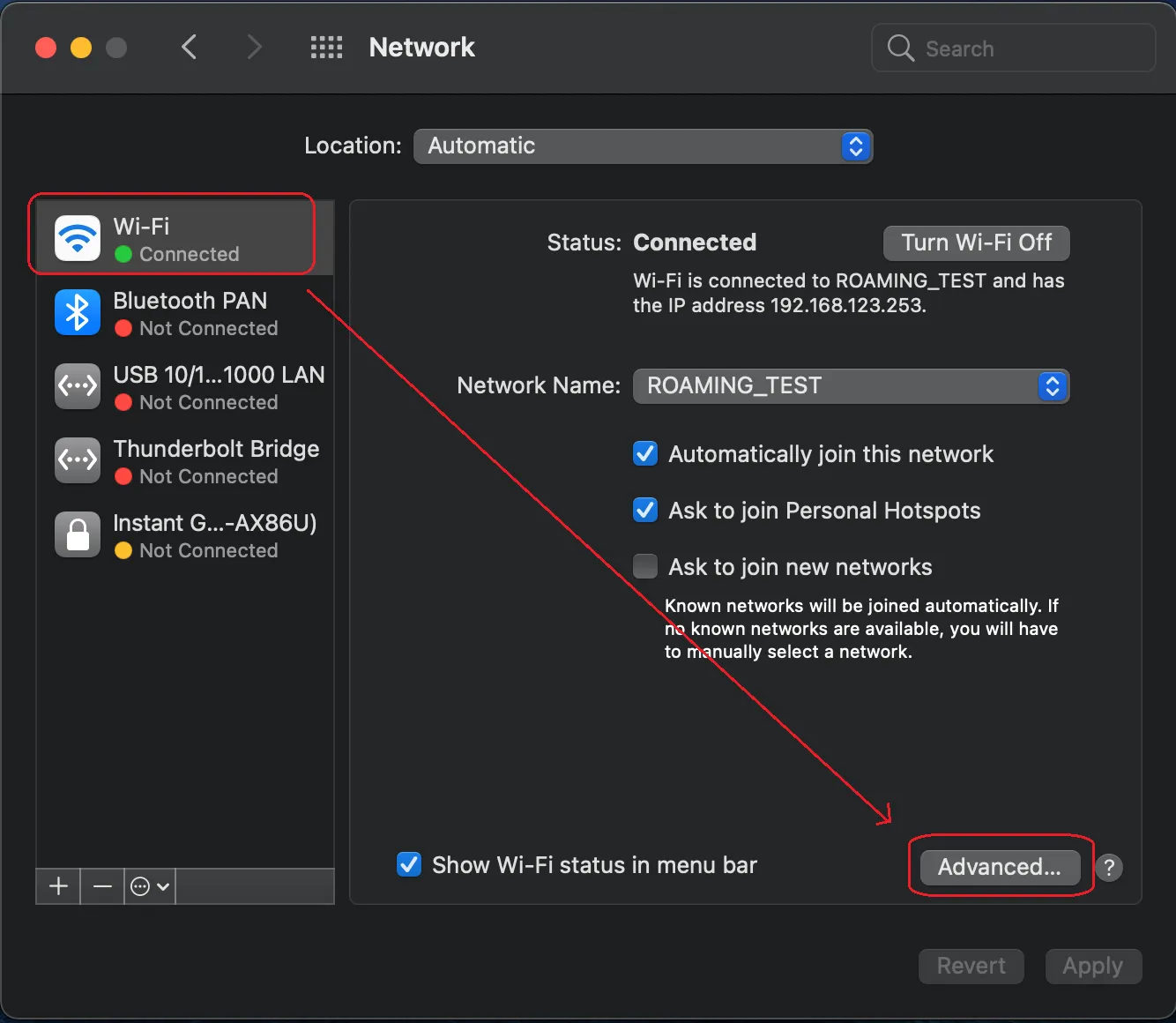 Chọn wifi và nhấn vào nút Advanced để vào menu cấu hình mạng nâng cao