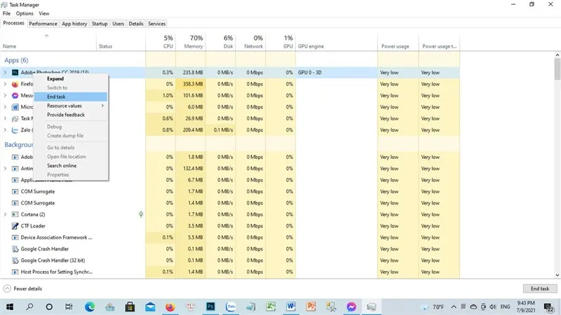 Kết thúc tiến trình gây treo máy trong Task Manager