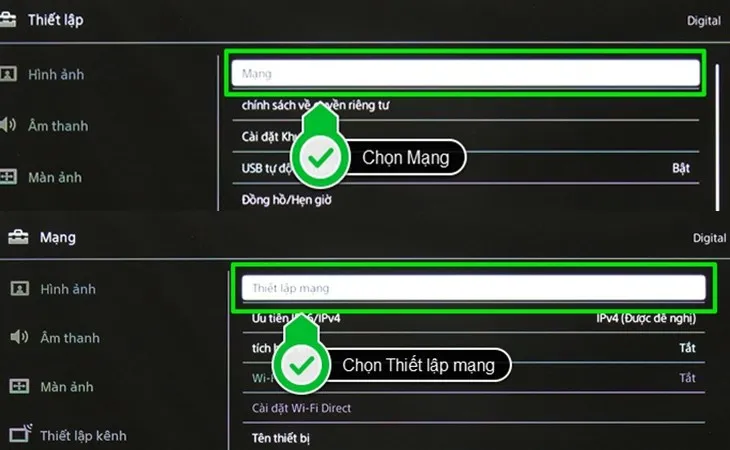 Nhấn chọn tiếp mục Network (Mạng) > Chọn Network setup