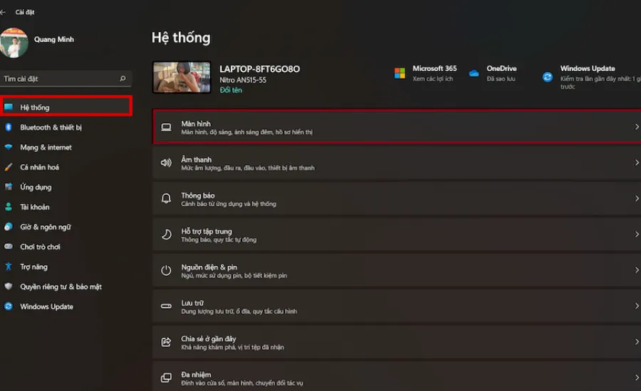 Giao diện Settings Windows 11 với mục Night light
