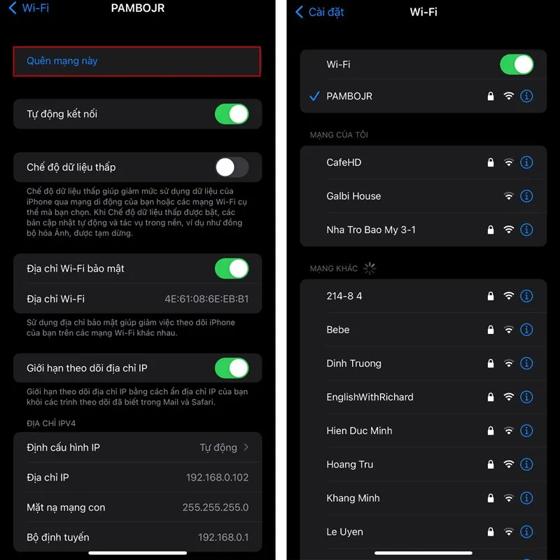 Quên mạng WiFi để kết nối lại