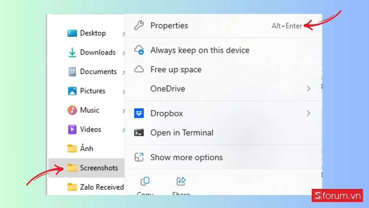 Truy cập Properties của thư mục Screenshots