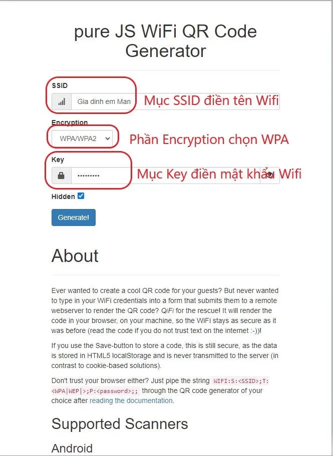 Điền thông tin WiFi vào form trên QiFi.org