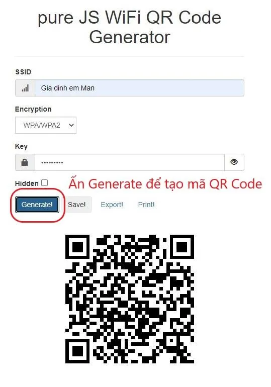 Mã QR WiFi được tạo tự động sau khi nhấn Generate