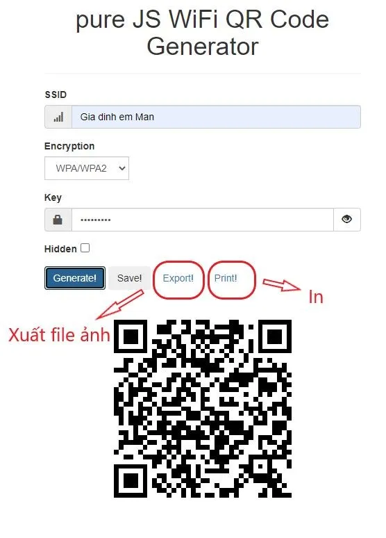 Chọn Export để tải file PNG hoặc Print để in mã QR