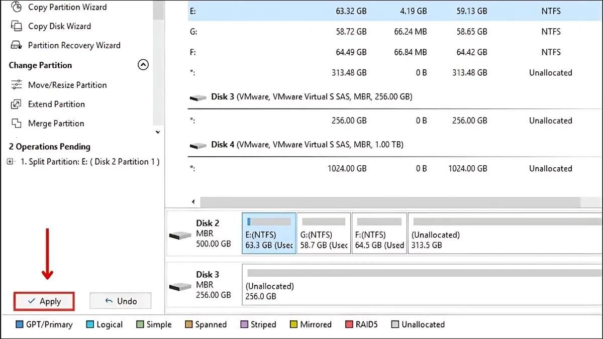 Áp dụng các thay đổi phân vùng với nút Apply trong phần mềm