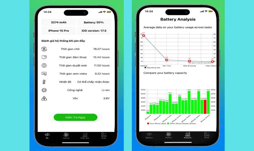 Battery Testing Master hiển thị nhiệt độ pin